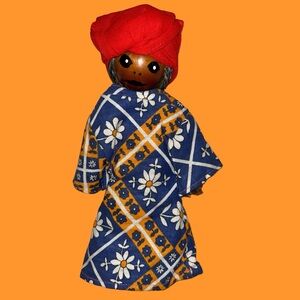 Vintage ethnic doll wooden hand painted face braided natural fiber rope body